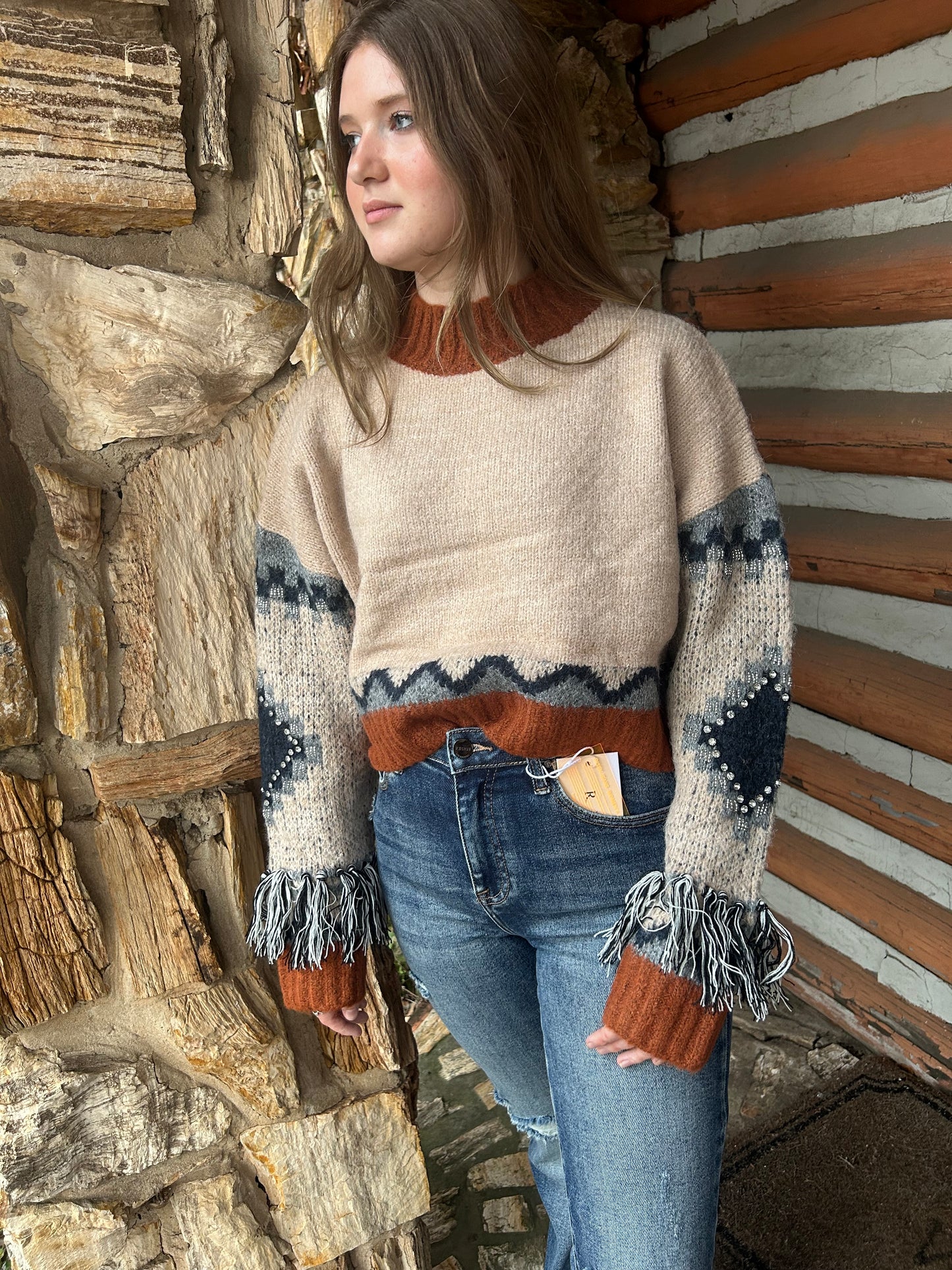 Beaded Fringe Sleeve detail Sweater