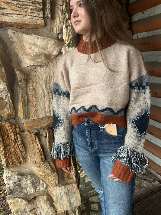 Beaded Fringe Sleeve detail Sweater