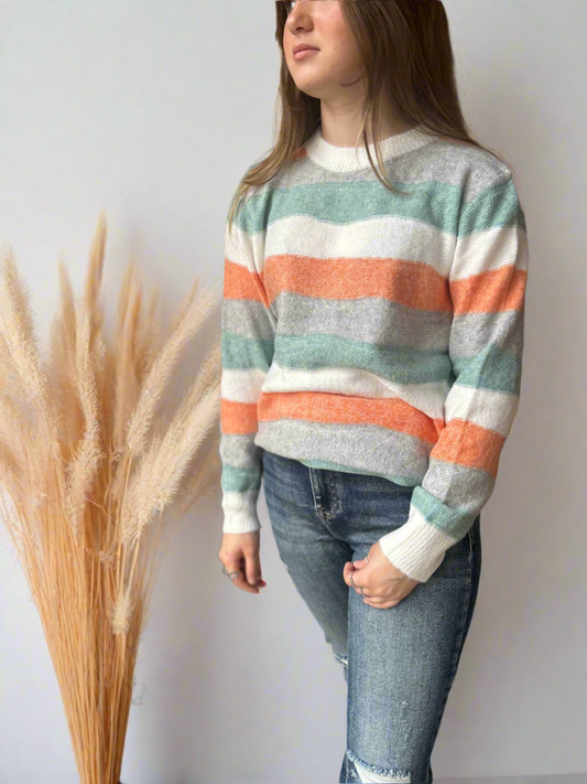 Color Striped Crew Neck Sweater